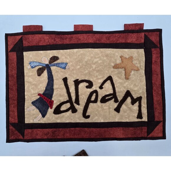 Set Of 3 Primitive Folk Art Quilted Wall Hangings With Words Dream Laugh Love & - Picture 4 of 7